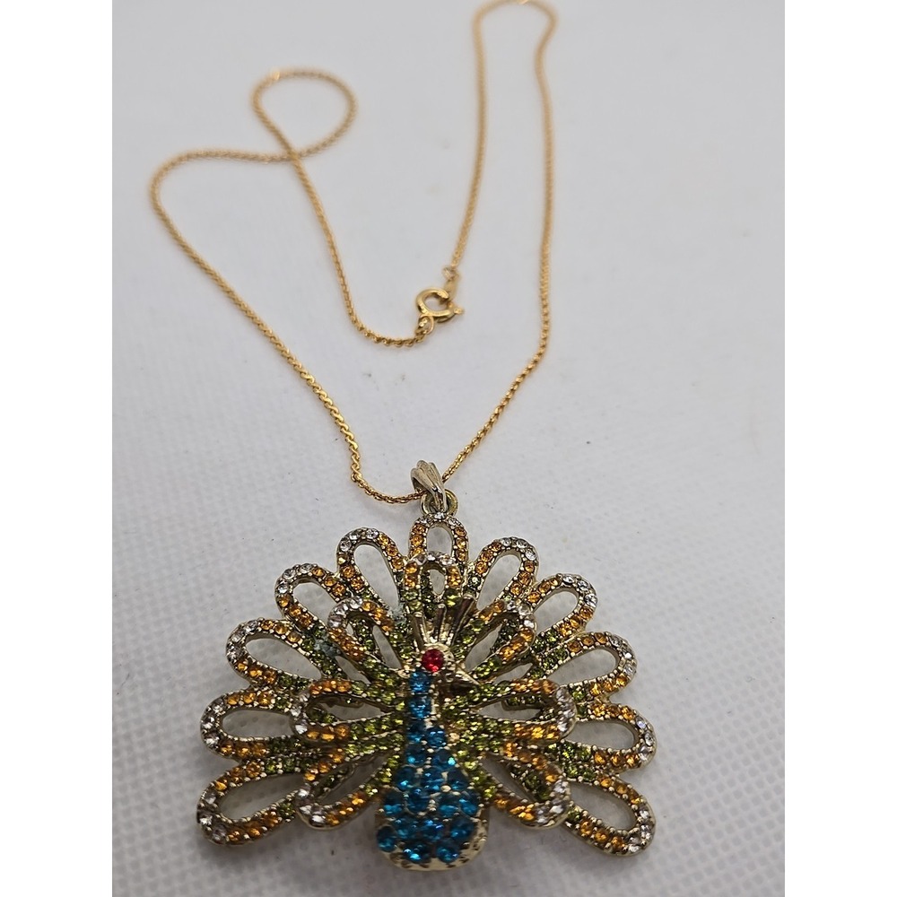 Rhinestone Peacock Bird Gold Tone‎ Pendant Necklace Vintage